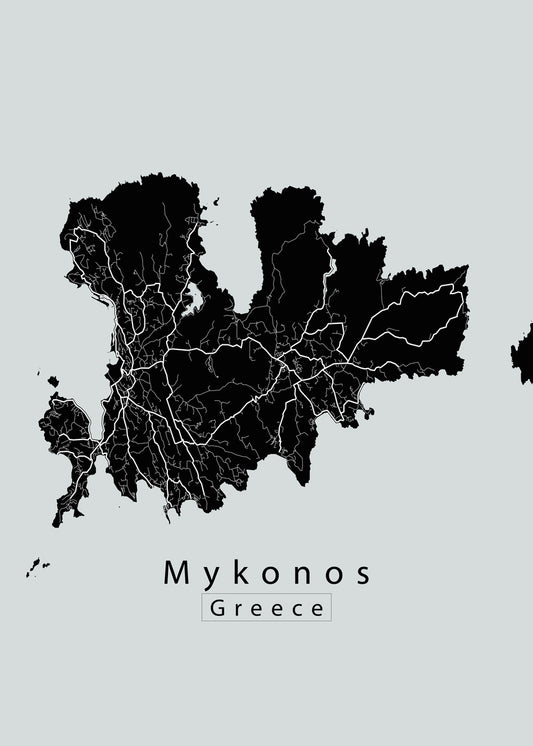 Mykonos Greece Island Map black